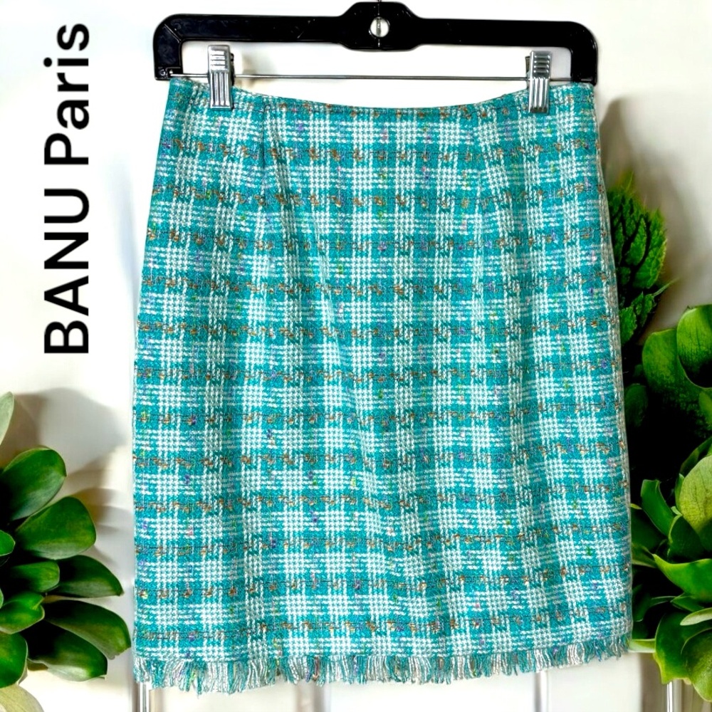 BANU Paris-Tweed pencil skirt. Size 6. Tiffany blue/multi. Back zip/lined. EUC!!